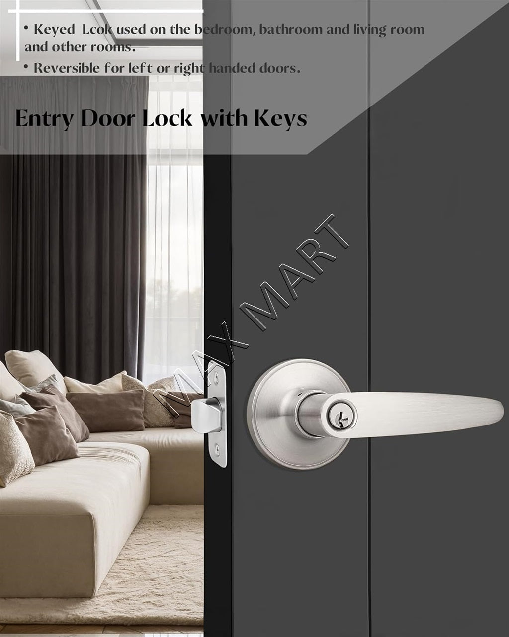 Round Door Lock Lockset with Key, Keyed Door Handle Lever for Front Entry Bathroom Bedroom - Satin Nickel