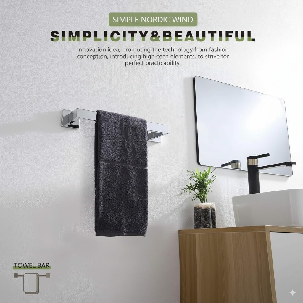 24-Inch 3-Pieces Square Towel Rack Kit Set for Bathroom, Towel Bar, Toilet Paper Holder, and Towel Robe Hook