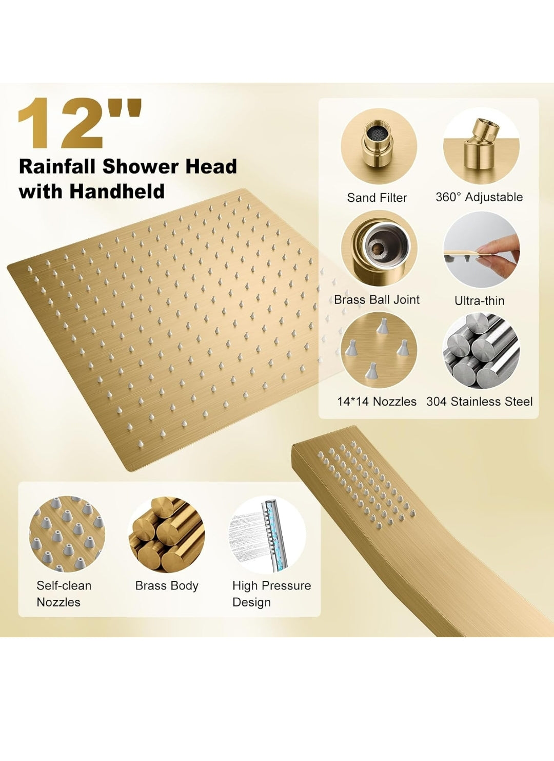 12 Inch High Pressure Shower Head with Rain Handheld Combo Set, Wall Mounted Dual Shower Head System, Bathroom Shower Faucet Set Rough-in Valve Body and Trim Brushed Gold