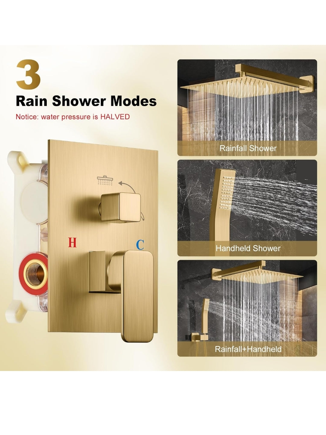 12 Inch High Pressure Shower Head with Rain Handheld Combo Set, Wall Mounted Dual Shower Head System, Bathroom Shower Faucet Set Rough-in Valve Body and Trim Brushed Gold